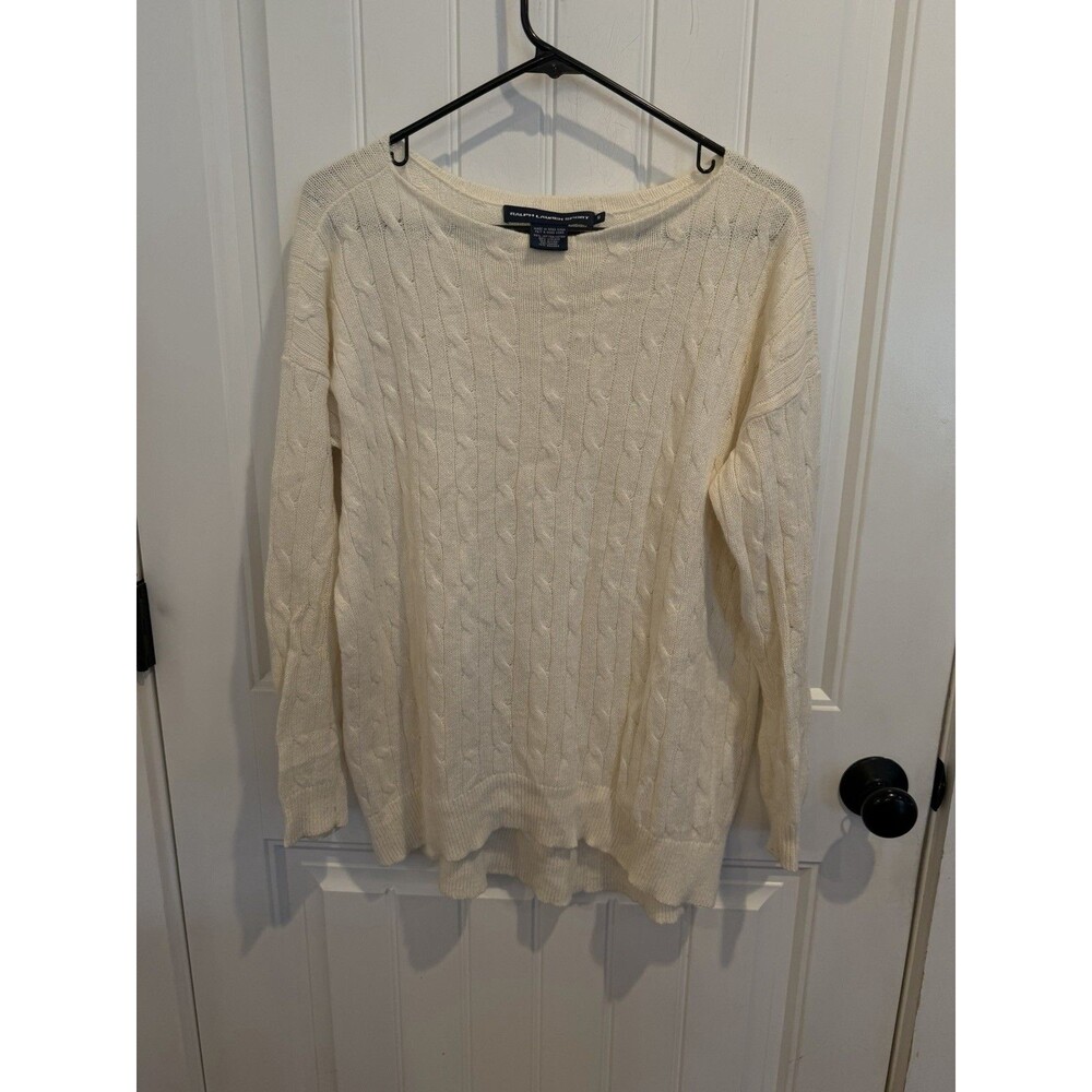 Ralph Lauren Sport Cable Knit Sweater Women’s M Ivory Boat Neck Angora Blend